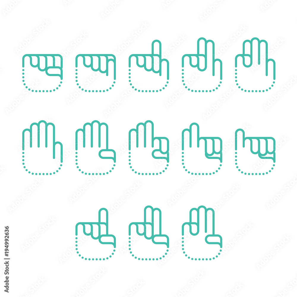 Hand finger counting number icons set sign language concept, Line dot ...