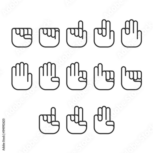 Hand finger counting number icons set sign language concept, outline stroke flat design black and white color illustration isolated on white background, vector eps 10