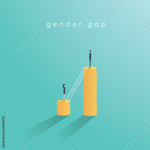 Gender gap and inequality in salary, pay vector concept. Businessman and businesswoman on piles of coins. Symbol of discrimination, difference, injustice.