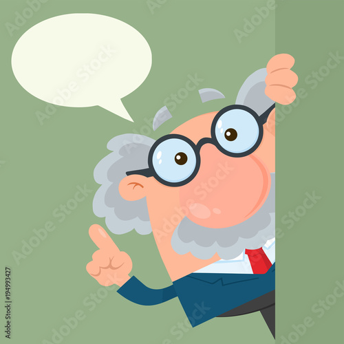 Professor Or Scientist Cartoon Character Looking Around Corner With Speech Bubble. Illustration Flat Design With Background