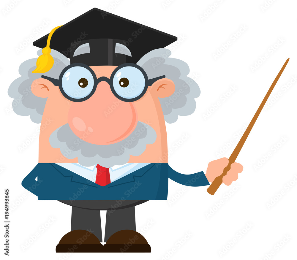 Professor Or Scientist Cartoon Character With Graduate Cap Holding A  Pointer. Illustration Flat Design Isolated On White Background Stock Vector  | Adobe Stock