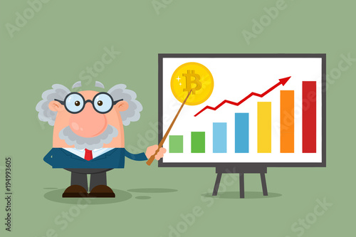 Professor Or Scientist Cartoon Character With Pointer Discussing Bitcoin Growth With A Bar Graph. Illustration Flat Design With Background