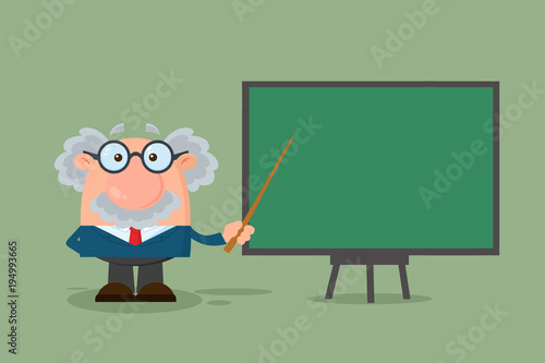 Professor Or Scientist Cartoon Character With Pointer Presenting On A Board. Illustration Flat Design With Background