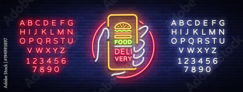 Food Delivery neon sign. Smartphone in hands, ordering food through smartphone, symbol in neon style, light banner, bright night advertising food delivery. Vector illustration. Editing text neon sign