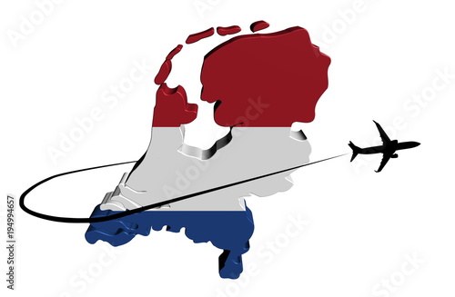 Valokuvatapetti Netherlands map flag with plane silhouette and swoosh illustration