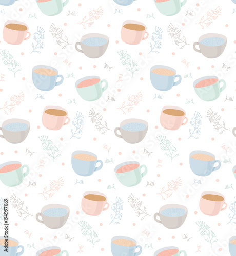 Vector pattern of tea and coffee mugs with plant elements. Illustration on white background