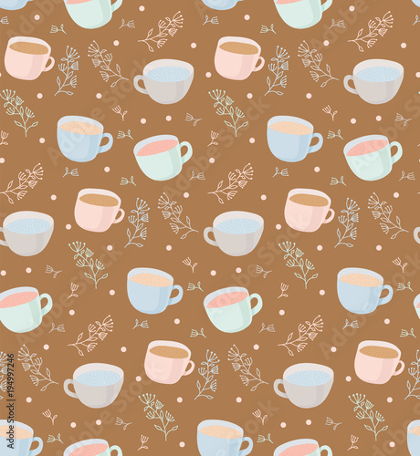 Vector pattern of tea and coffee mugs with plant elements. Illustration on brown background
