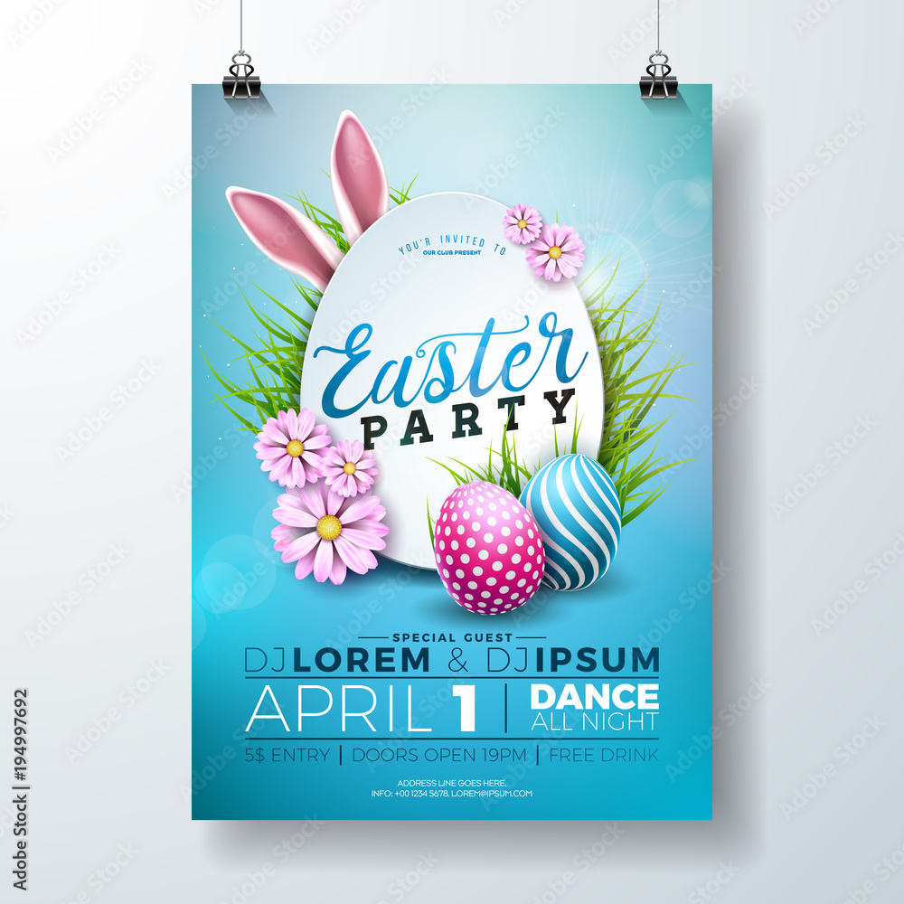 Fototapeta premium Vector Easter Party Flyer Illustration with painted eggs, rabbit ears and typography elements on nature blue background. Spring holiday celebration poster design template.