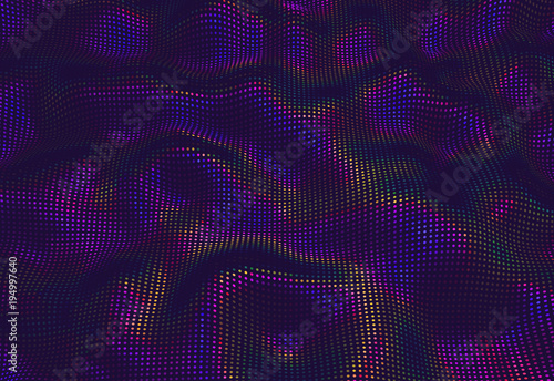 Abstract vector background. Dark iridescent texture effect. 3D waving particles .