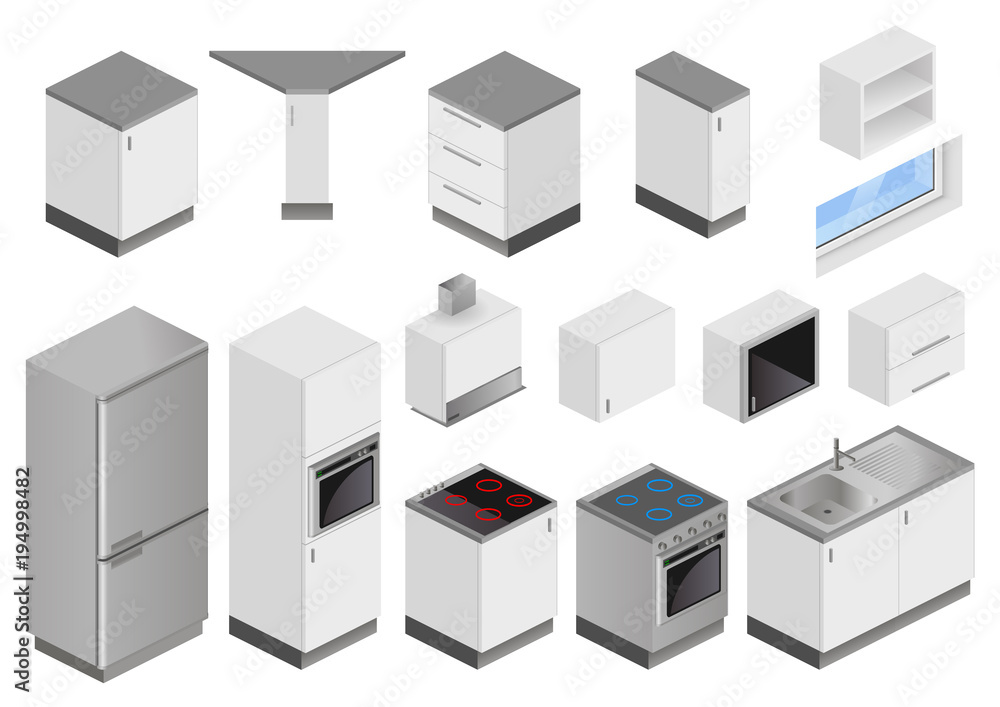Isometric boxes of furniture and equipment for the kitchen project. Perspective view from the top. Blanks in the vector for the manufacture of schemes of premises Isometric boxes of furniture and equipment for the kitchen project. Perspective view from the top. Blanks in the vector for the manufacture of schemes of premises