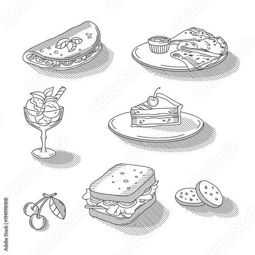 Hand drawn style food for menu, restaurant, cafe. Retro vintage style food vector illustration for bakery, confectionery