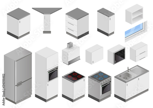 Isometric boxes of furniture and equipment for the kitchen project. Perspective view from the top. Blanks in the vector for the manufacture of schemes of premises