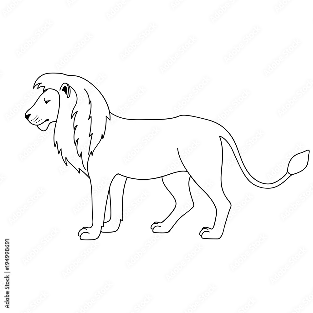 Isolated black outline lion on white background. Side view. Curve lines. Page of coloring book.