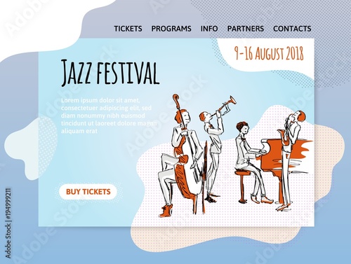 Jazz music festival, quartet in concert. Vector illutration, design template of music site header, banner or poster.
