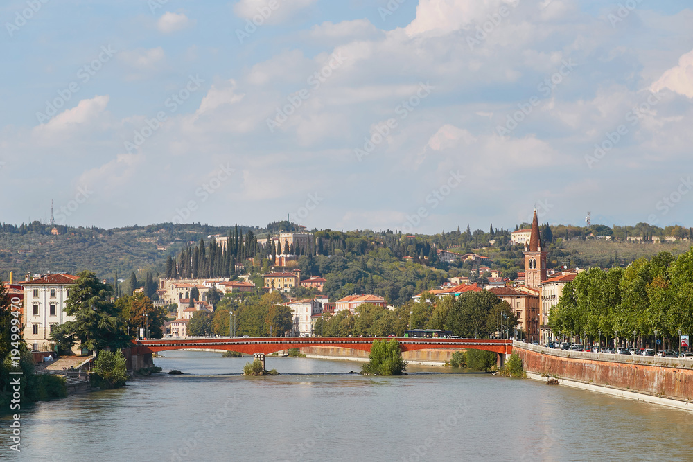 Verona, Italy - August 17, 2017: Beautiful panoramic view of the bridges of Verona.