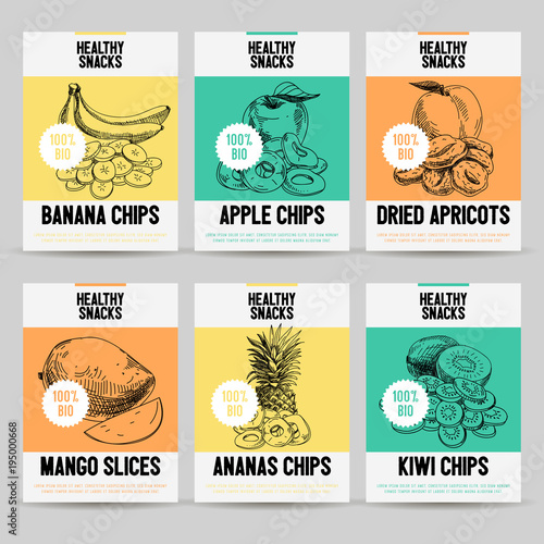 Beautiful vector hand drawn healthy snack card set. 