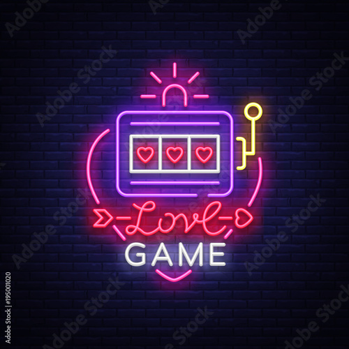 Love Game neon sign vector. Casino Slot Machines Logo in the neon style, gambling symbol, light banner, bright neon night advertisement for casinos and gambling. Design template
