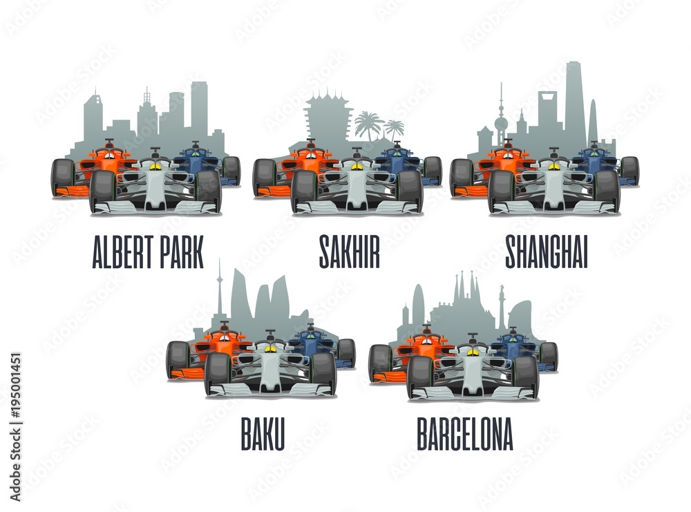 Sakhir, Barcelona, Shanghai, Melbourne, Baku. Cityline and racing cars on Grand Prix.