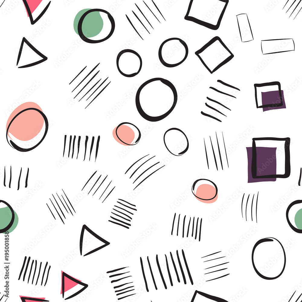 Fototapeta premium Trendy vector memphis seamless pattern with brush strokes. Hand drawn abstract card, pastel colors. hand drawn texture.