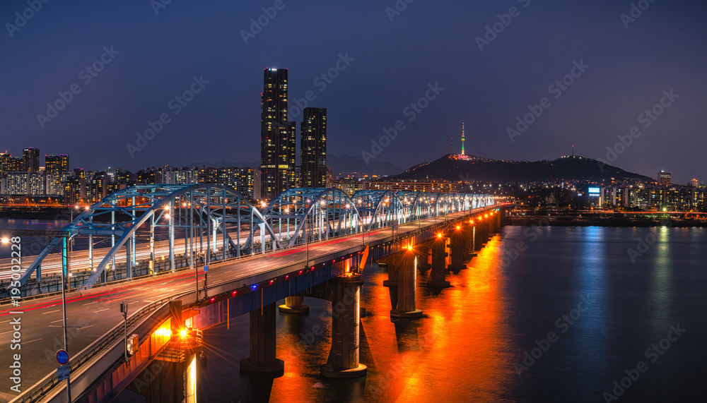Seoul city at Dongjak Bridge Hangung river in Seoul , South Korea.