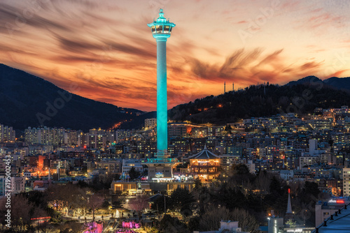 Busan city skylight and Busan tower at night in Korea.
