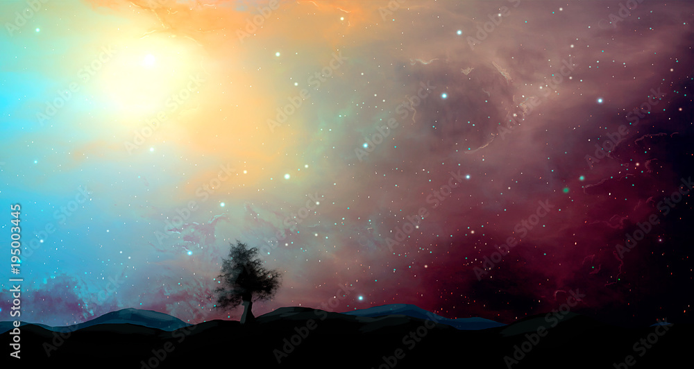 Space colorful nebula with tree and land silhouette. Elements furnished by NASA. 3D rendering