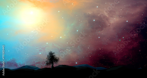 Space colorful nebula with tree and land silhouette. Elements furnished by NASA. 3D rendering