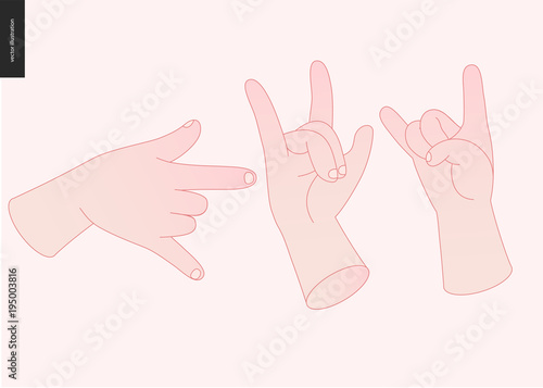 The vector illustrated set of outlined hand drawn hands with various gestures