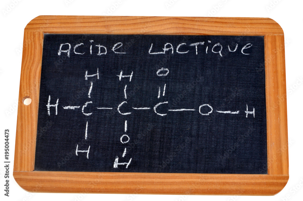 Formule chimique de l'acide lactique écrite sur une ardoise Formule chimique de l'acide lactique écrite sur une ardoise