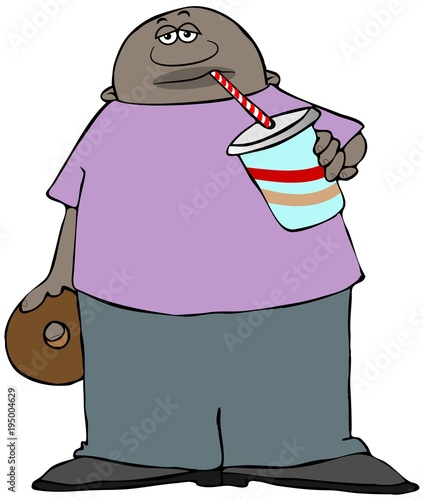 Illustration of a black man holding a chocolate donut while sucking on a soda through a straw.