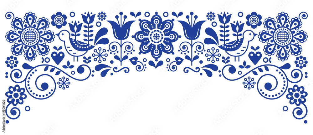Scandinavian folk art frame border retro vector greeting card design, floral navy blue ornament with birs and flowers