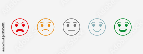 Rating satisfaction. Vector icon. The range of emotions. 5 kinds of moods. User experience. Feedback in the form of emotion. Excellent, good, normal, bad, awful