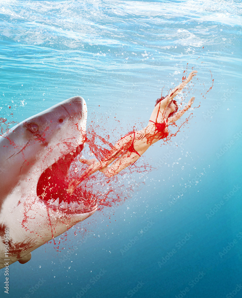 Fototapeta premium Brutalna scena kobiety atakującej gigantycznego rekina pod głębinami morskimi, krwawa scena, ilustracja 3d na okładkę książki lub ilustrację książki