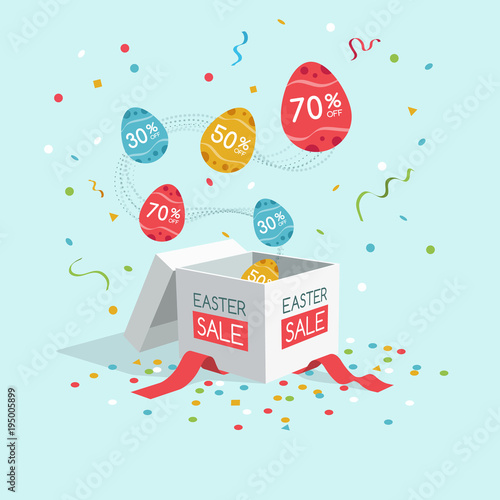 Easter sale symbol with gift box, flying egg labels and confetti isolated on light blue background. Easy to use for your design with transparent shadows.