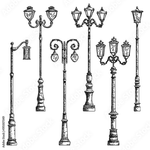 Set of vector illustrations drawing of lamppost.