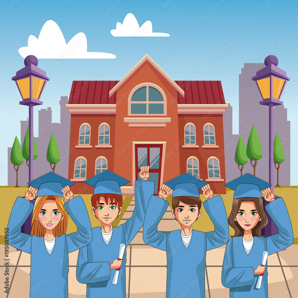 Young students on high school graduation vector illustration graphic ...
