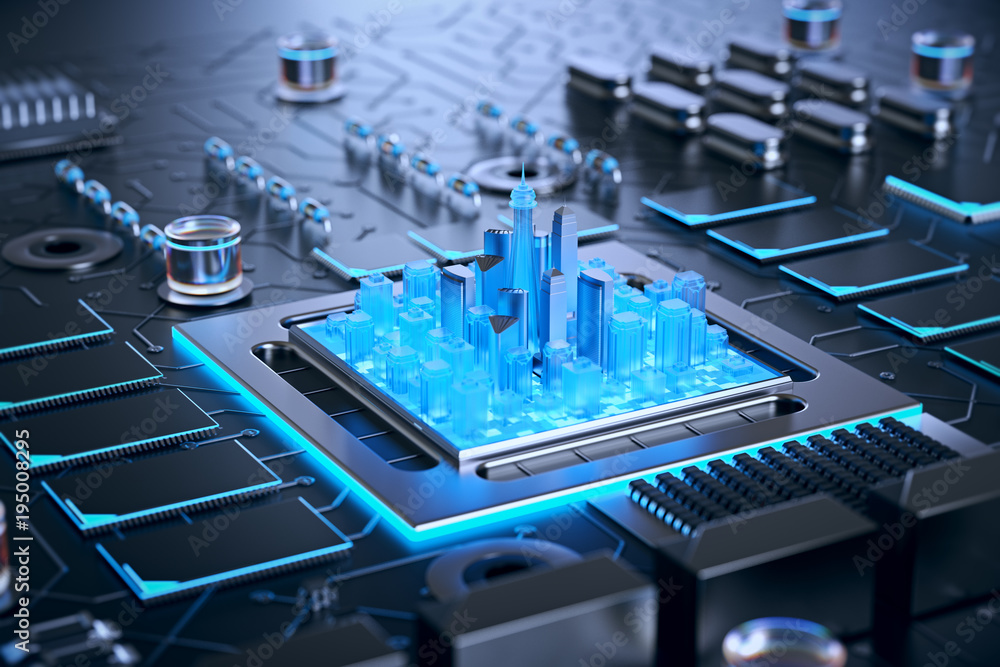3d illustration of futuristic micro chip city. Computer science information technology