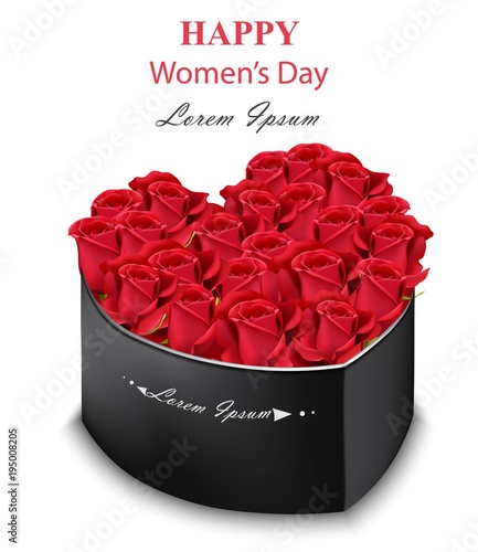 Red roses black box heart shape Vector. Realistic detailed flowers. Romantic ...