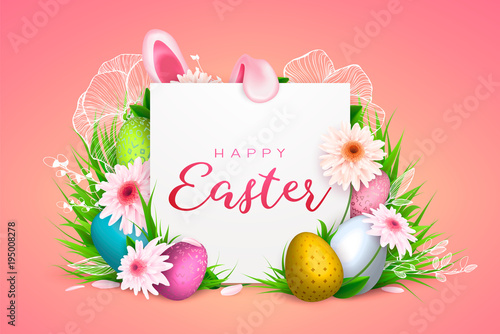 Happy Easter background, trendy pattern with Egg Hunt, rabbit ears. Spring holiday flyers, banners, posters and templates design. Vector illustration.