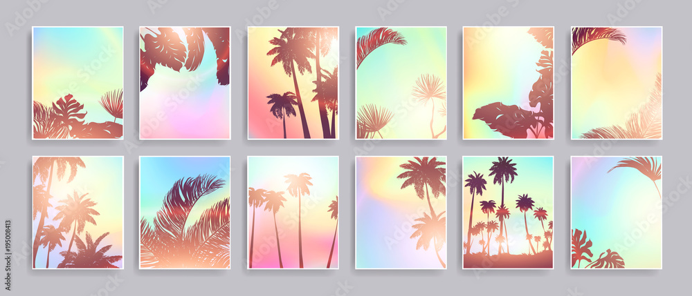 Colorful Summer banners, tropical backgrounds set with palms, sea, clouds, sky, beach. Beautiful Summer Time cards, posters, flyers, party invitations. Summertime, template collection. - obrazy, fototapety, plakaty 