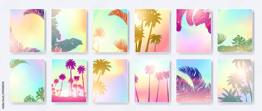 Colorful Summer banners, tropical backgrounds set with palms, sea, clouds, sky, beach. Beautiful Summer Time cards, posters, flyers, party invitations. Summertime, template collection.