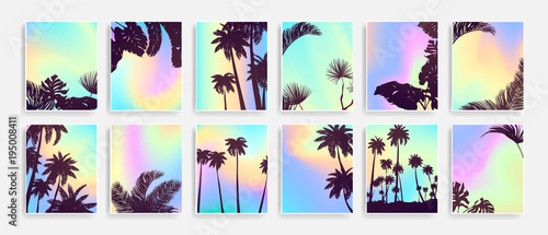 Colorful Summer banners, tropical backgrounds set with palms, sea, clouds, sky, beach. Beautiful Summer Time cards, posters, flyers, party invitations. Summertime, template collection.