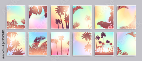 Colorful Summer banners, tropical backgrounds set with palms, sea, clouds, sky, beach. Beautiful Summer Time cards, posters, flyers, party invitations. Summertime, template collection.