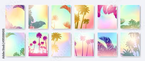 Colorful Summer banners, tropical backgrounds set with palms, sea, clouds, sky, beach. Beautiful Summer Time cards, posters, flyers, party invitations. Summertime, template collection.