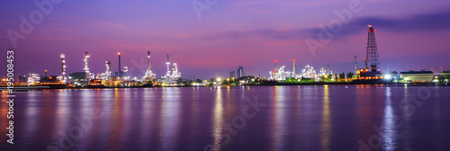 Panorama Oil refinery at the river in sunrise time / Big Factory in sunrise time