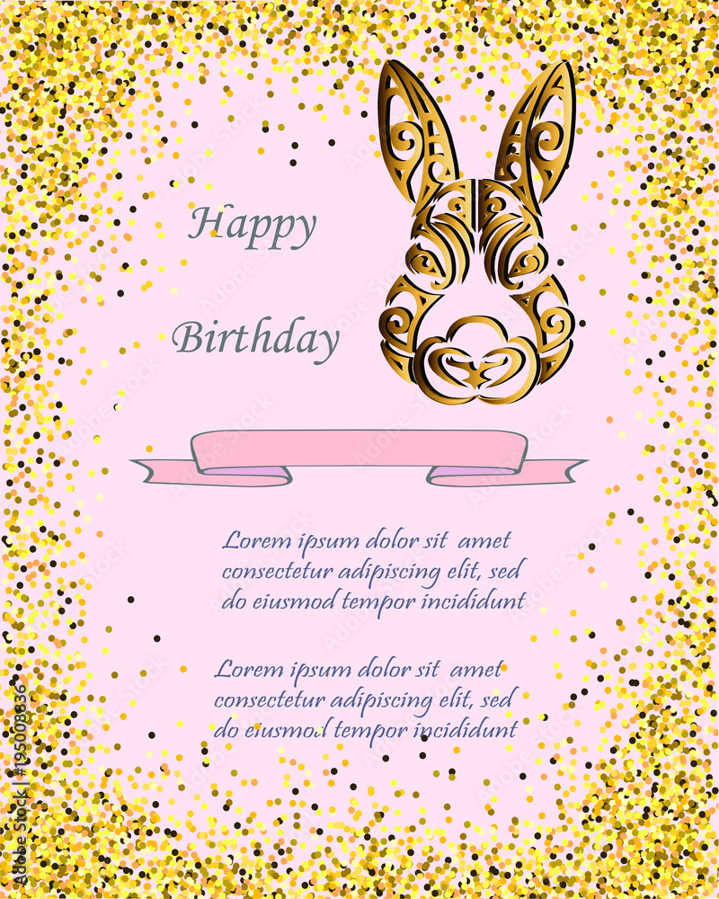 Obraz Bunny Head isolated on background with golden confetti. Rabbit head as Baby shower & Easter logo, pet shop, badge. Template for Baby Birthday, Easter Day, party invitation, greeting card, baby shower.