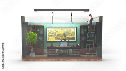 the concept of limited choice, social exclusion, working office in the aquarium with a 3d genereted person 3d render on white photo