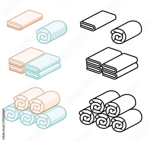 Set of towel vector illustration. Folded towels in flat cartoon and line icon style. Soft color towel. line towel.Towel roll for spa, kitchen, bath and others