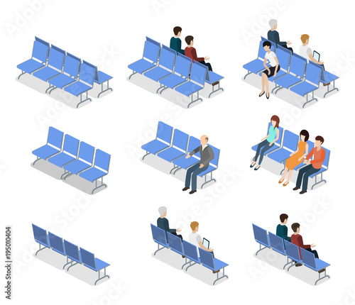 Isometric 3D vector illustration set collection of people sitting on a bench and waiting for reception