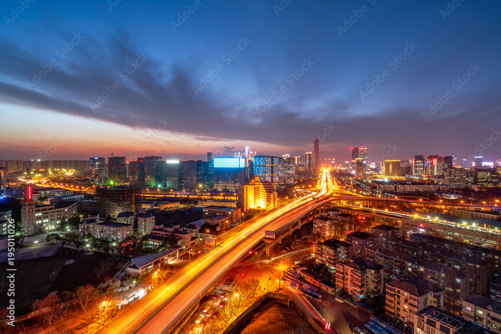 Morden city, busy traffic, beautiful skyline in Nanjing